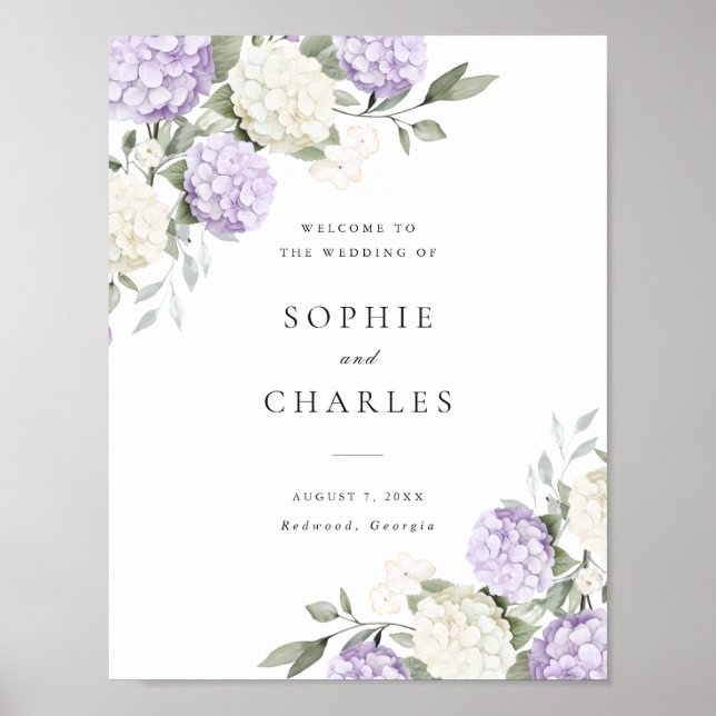 Floral Purple Hydrangea Wedding Welcome Sign (Front)