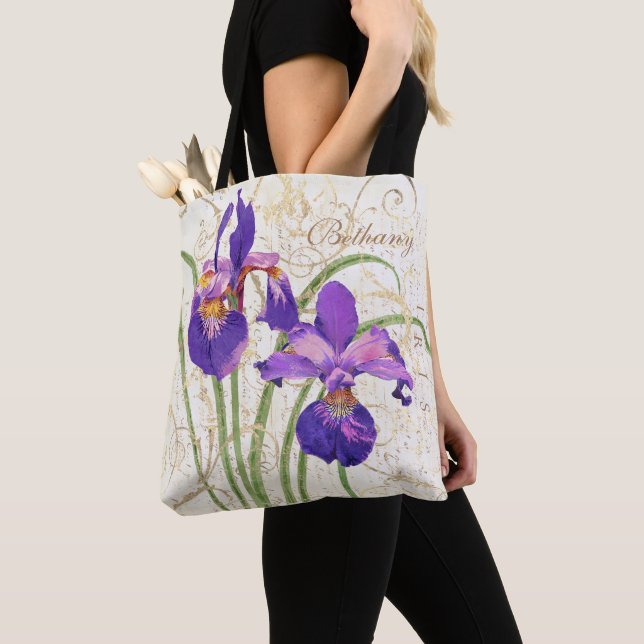 floral Purple Iris Gold Damask Monogram Name Tote Bag (Close Up)