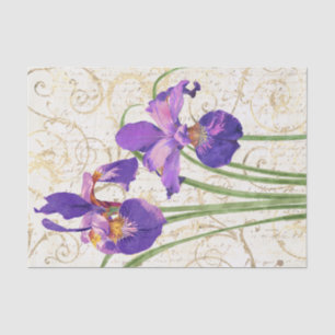 Floral Purple Iris Gold Damask Script Decoupage Tissue Paper