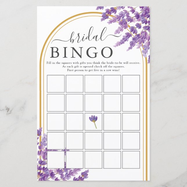 Floral Purple Lavenders Bridal Shower Bingo Game (Front)