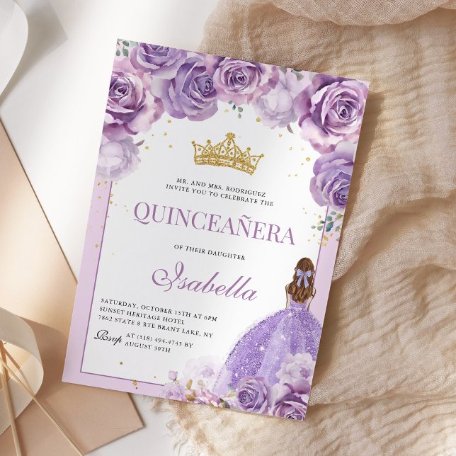 Floral Purple Lilac Quinceanera Gold Princess Invitation (Creator Uploaded)