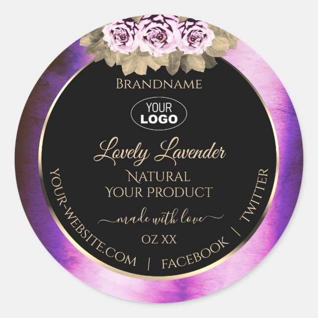 Floral Purple Marble Black Product Labels Add Logo (Front)