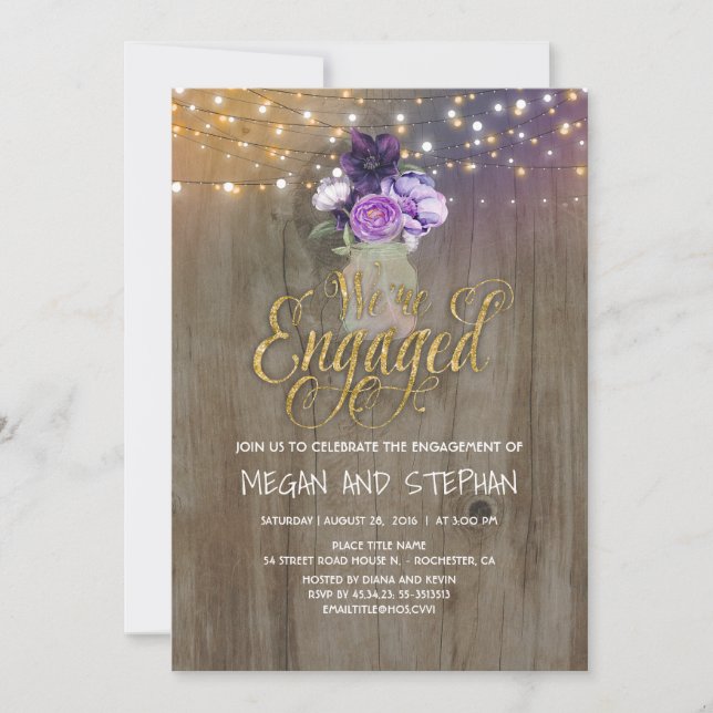 Floral Purple Mason Jar Rustic Engagement Party Invitation (Front)