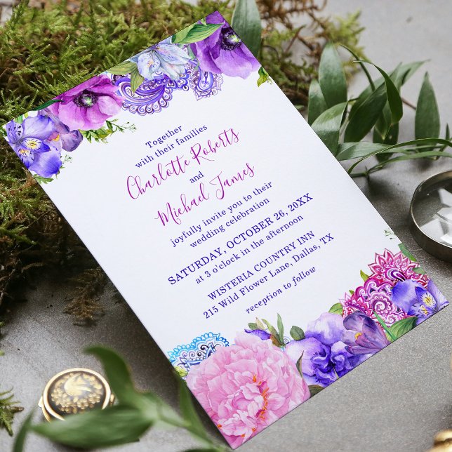 Floral Purple Paisley Watercolor Wedding Invitation (Creator Uploaded)