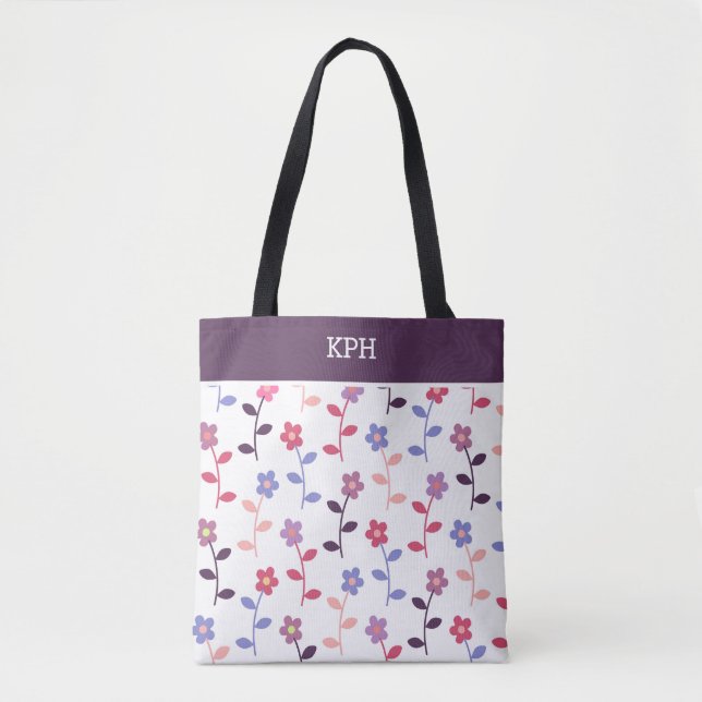 Floral Purple Pattern with Monogram Tote Bag (Front)