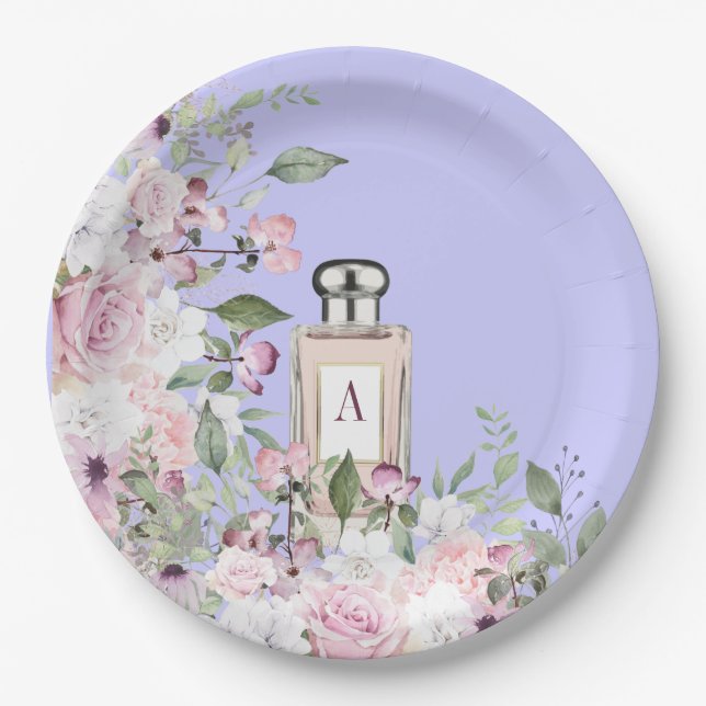 Floral Purple Perfume Bottle  Mothers Day Pretty  Paper Plate (Front)