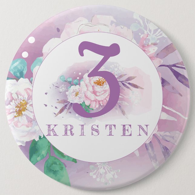 Floral purple personalised classic 6 cm round badge (Front)