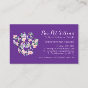 Floral Purple Pet Sitter Groomer Paw Business Card