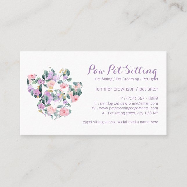 Floral Purple Pet Sitter Grooming Paw Business Card (Front)