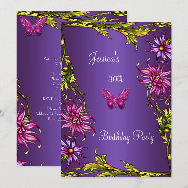 Floral Purple Pink Butterfly 30th Birthday Party 2 Invitation (Front/Back)