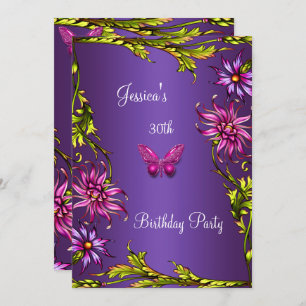 Floral Purple Pink Butterfly 30th Birthday Party 2 Invitation