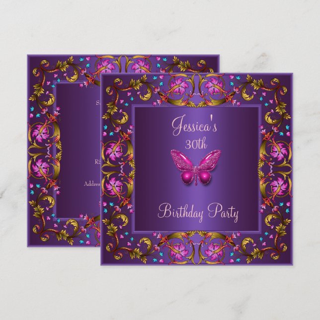 Floral Purple Pink Butterfly 30th Birthday Party Invitation (Front/Back)