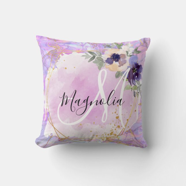 Floral Purple, Pink & Gold Rainbow Marble Monogram Cushion (Front)