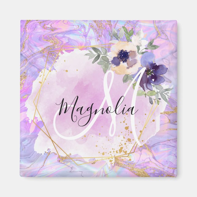 Floral Purple, Pink & Gold Rainbow Marble Monogram Magnet (Front)
