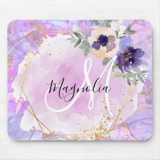 Floral Purple, Pink & Gold Rainbow Marble Monogram Mouse Pad (Front)