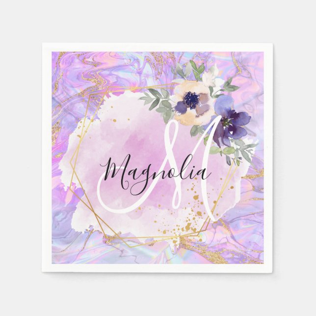 Floral Purple, Pink & Gold Rainbow Marble Monogram Napkin (Front)