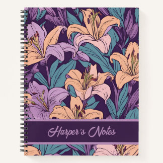 Floral Purple Pink Lily Pattern Personalised  Notebook