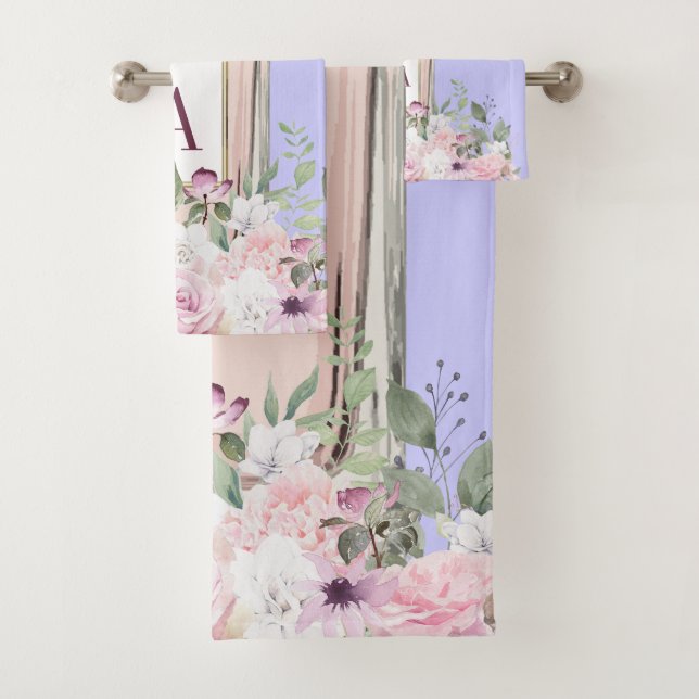 Floral Purple  Pink Perfume Bottle Pretty  Bath Towel Set (Insitu)