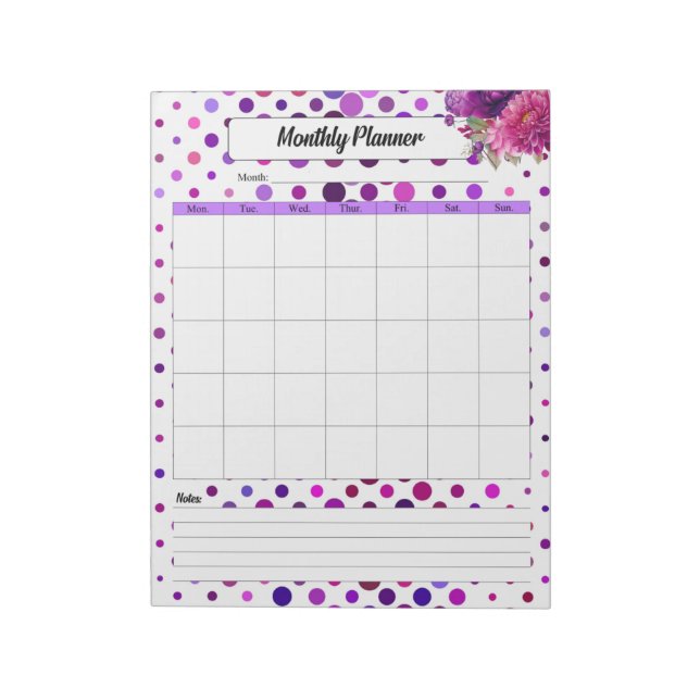 Floral Purple Polka Dots  _ Monthly Planner Notepad (Rotated)
