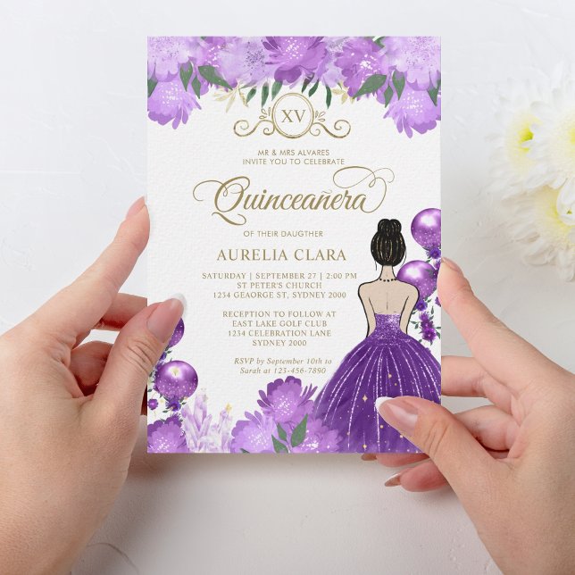Floral Purple Princess XV Quinceañera Birthday Invitation (Creator Uploaded)