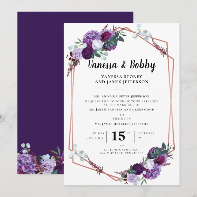 Floral Purple Script Greenery Geometric Wedding Invitation (Front/Back)