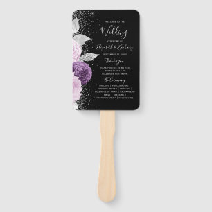 Floral Purple Silver Black Wedding Program Hand Fan