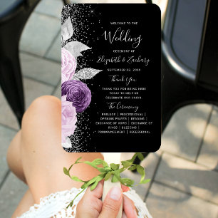 Floral Purple Silver Black Wedding Program Hand Fan