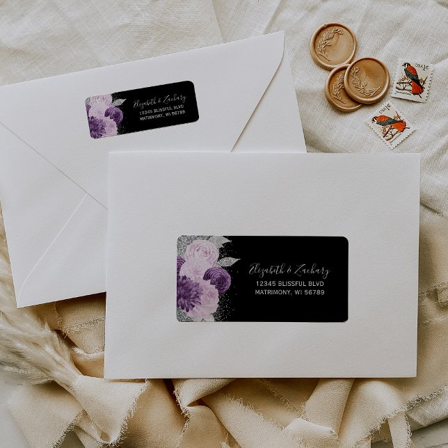 Floral Purple Silver Black Wedding Return Address (Creator Uploaded)