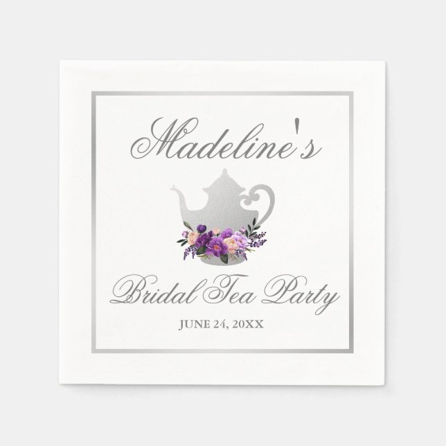 Floral Purple Silver Bridal Shower Tea Party Napkin (Front)