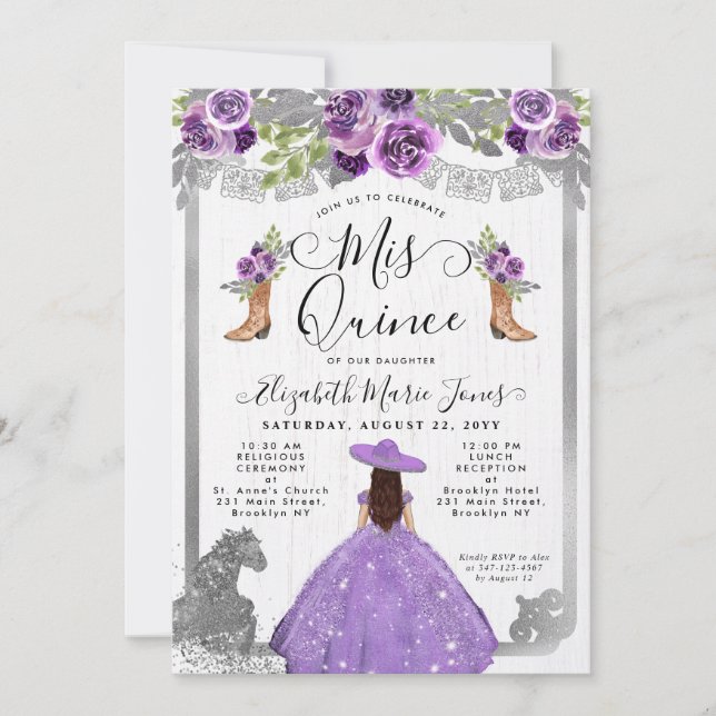 Floral Purple Silver Glam Horse Charra Quinceanera Invitation (Front)