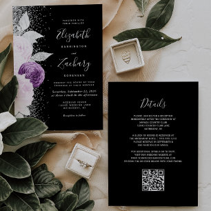 Floral Purple Silver Glitter Black QR Code Wedding Invitation