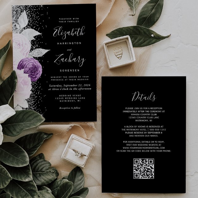 Floral Purple Silver Glitter Black QR Code Wedding Invitation (Creator Uploaded)