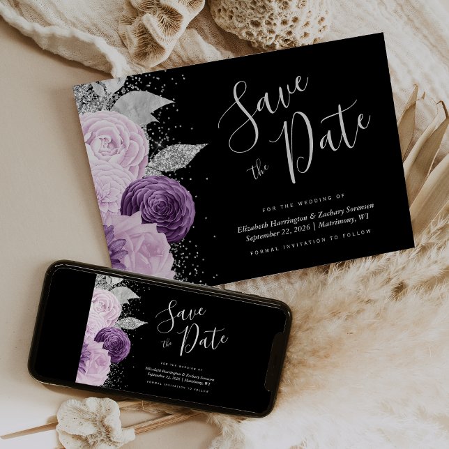 Floral Purple Silver Glitter Black Save the Date Invitation (Creator Uploaded)