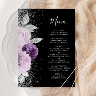 Floral Purple Silver Glitter Black Wedding Menu