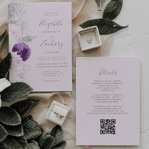 Floral Purple Silver Glitter Lilac QR Code Wedding Invitation