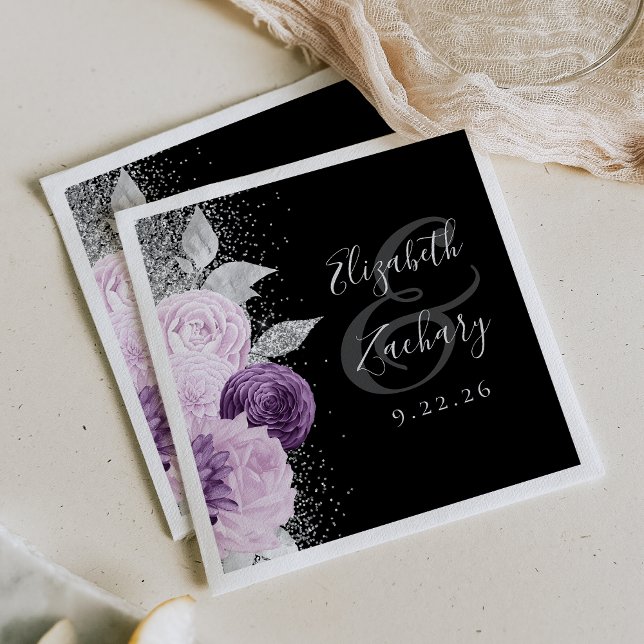 Floral Purple Silver Glitter Script Black Wedding Napkin (Creator Uploaded)