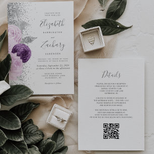 Floral Purple Silver Glitter White QR Code Wedding Invitation