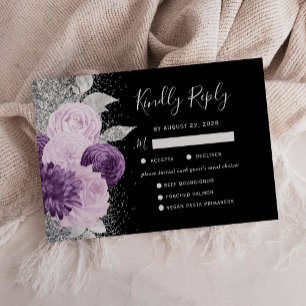 Floral Purple Silver Meal Choice Black Wedding RSVP Card