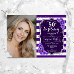 Floral Purple Silver Photo 50th Birthday Invitation<br><div class="desc">Elegant floral feminine 50th birthday invitation with your photo. Glam purple silver white design with faux glitter silver. Features stripes, lavender roses, script font and confetti. Perfect for a stylish adult bday celebration party. Personalise with your own details. Can be customised for any age! Printed Zazzle invitations or instant download...</div>