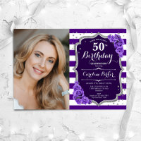Floral Purple Silver Photo 50th Birthday