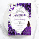 Floral Purple Silver Quinceanera Invitation<br><div class="desc">Purple silver and white floral Quinceanera celebration invitation. Features brunette girl in ball gown dress,  script font,  silver butterflies,  watercolor roses and tiara. Perfect for an elegant princess style glam celebration. Personalize with your own details. Printed Zazzle invitations or instant download digital printable template.</div>