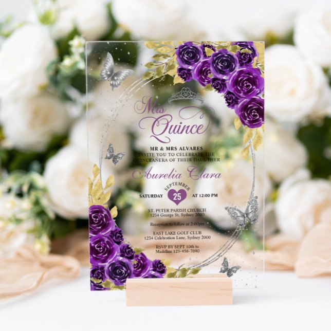 Floral Purple Silver Tiara Butterfly Quinceañera Acrylic Invitations (Creator Uploaded)