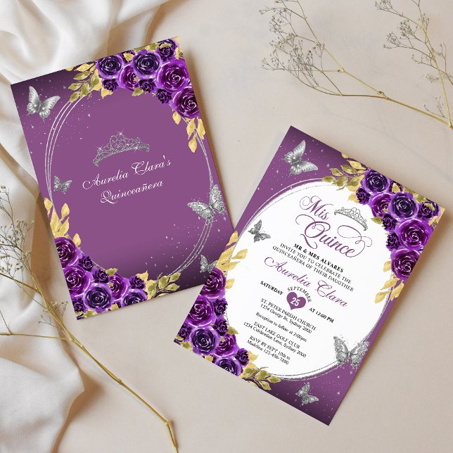 Floral Purple Silver Tiara Butterfly Quinceañera Invitation (Creator Uploaded)