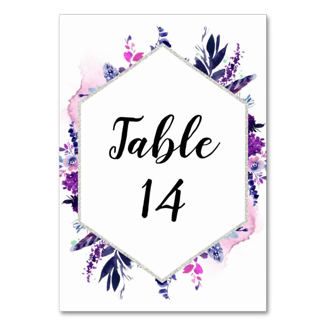 Floral Purple & Silver Wedding Reception Seating Table Number (Front)