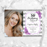 Floral Purple Silver White Photo 50th Birthday Invitation<br><div class="desc">Elegant floral feminine 50th birthday invitation with your photo. Glam, white and lavender purple with faux glitter silver. Features stripes, light light purple roses, script font and confetti. Perfect for a stylish adult bday celebration party. Personalise with your own details. Can be customised for any age! Printed Zazzle invitations or...</div>