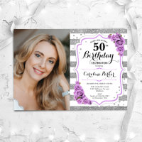 Floral Purple Silver White Photo 50th Birthday