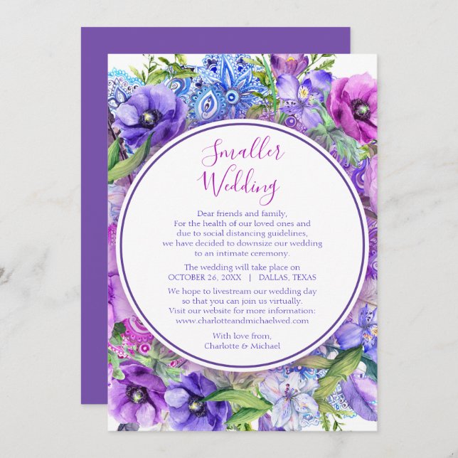 Floral Purple Smaller Wedding Change of Plan Holiday Card (Front/Back)