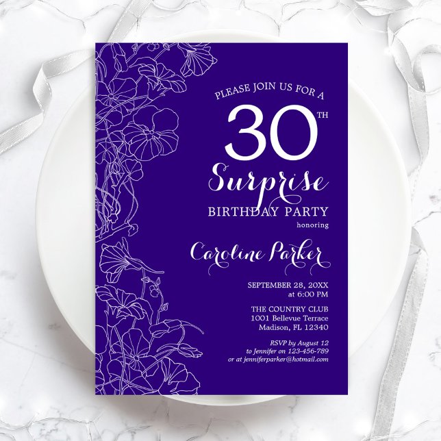 Floral Purple Surprise 30th Birthday Party Invitation (Creator Uploaded)