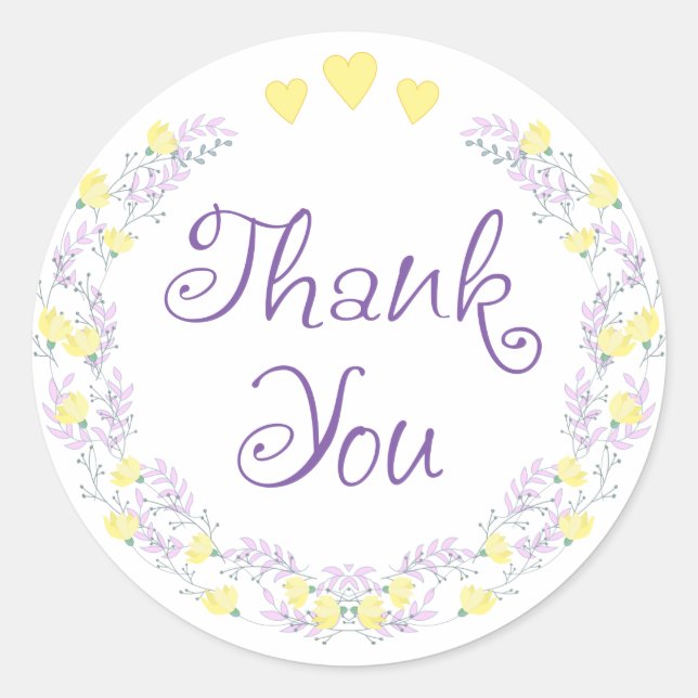 Floral Purple Thank You Lavender Yellow Flowers Classic Round Sticker (Front)