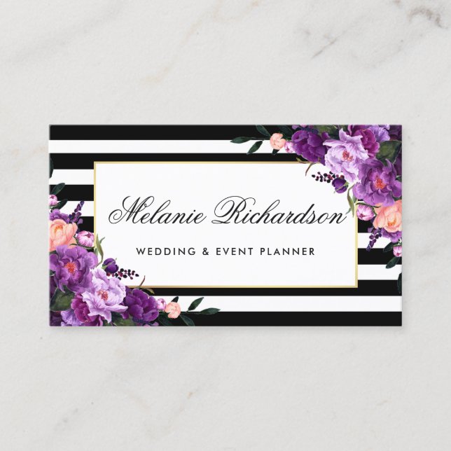 Floral Purple Ultra Violet Gold Frame Striped Business Card (Front)